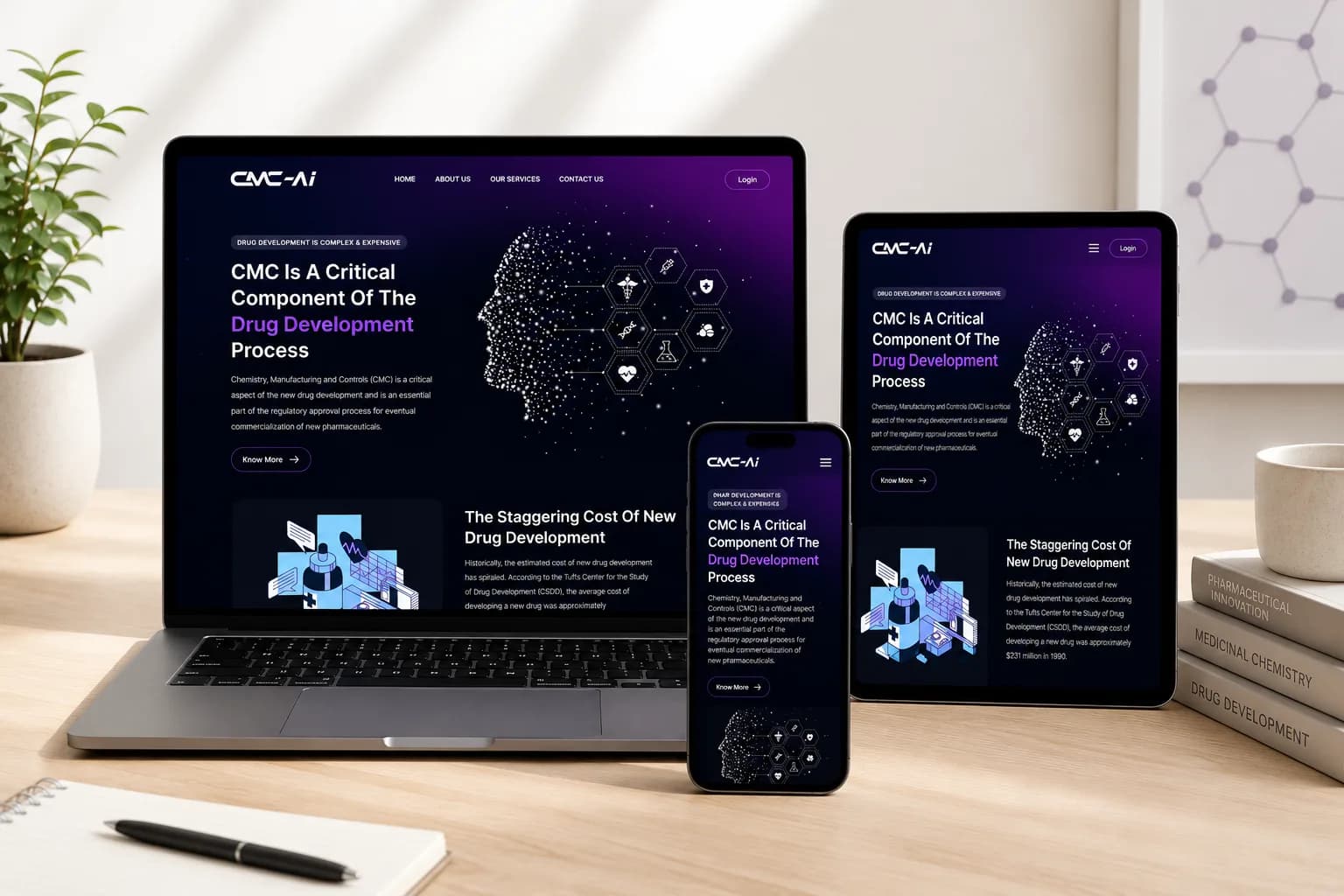 The CMC-AI identity: the CMC-AI wordmark over a dark scientific palette, with the line AI-Powered Pharmaceutical Innovation and the strapline Science. Intelligence. Progress.