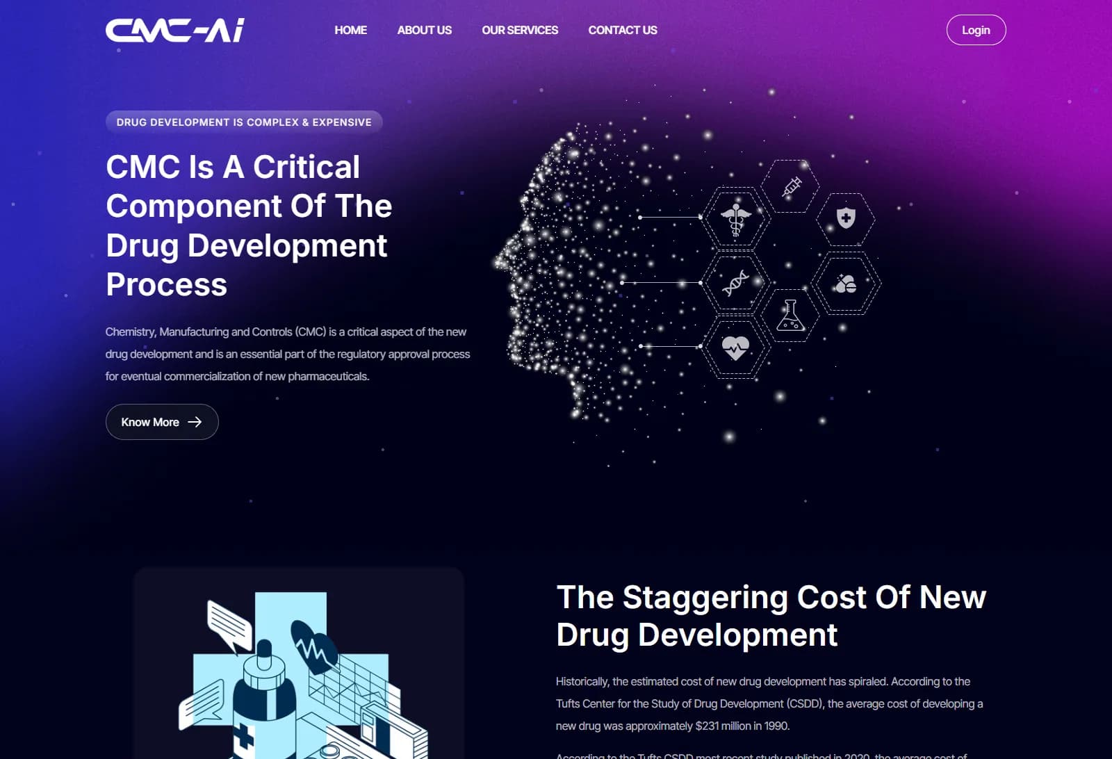 The CMC-AI identity presented in a digital layout: the CMC-AI mark set against a dark scientific palette, above the line AI-Powered CMC Innovation.