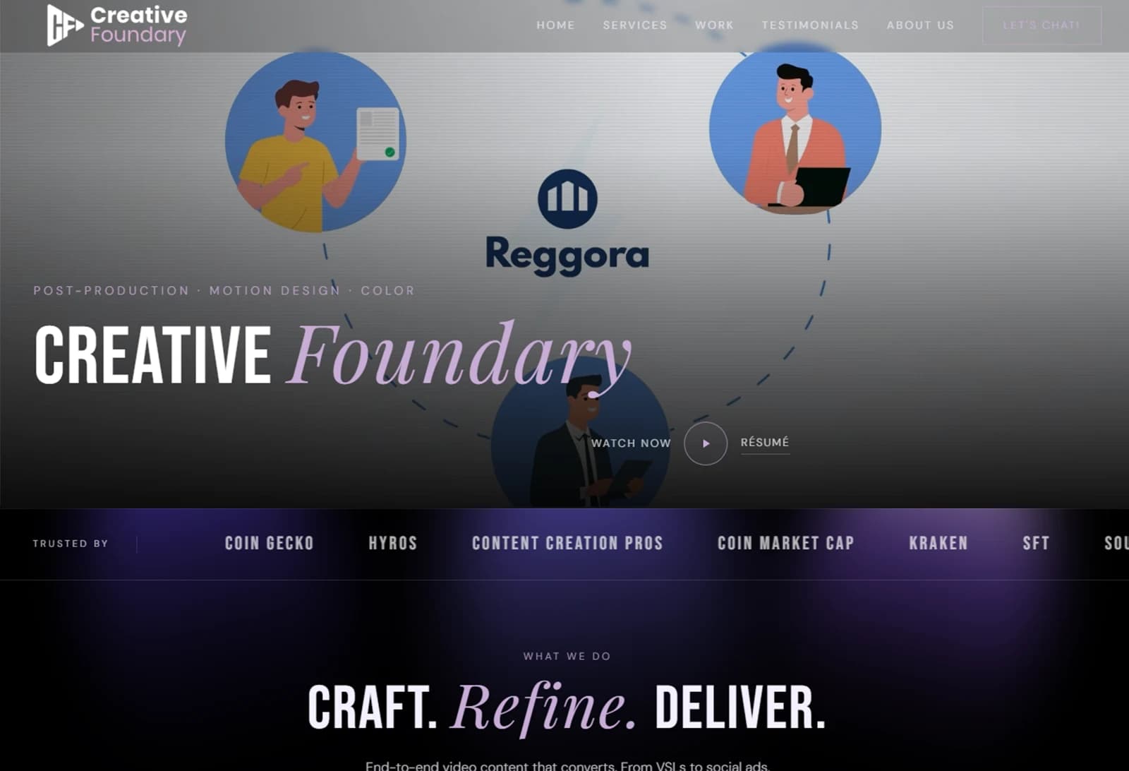 The Creative Foundary homepage: the studio's name set over an illustrated hero, above a row of client logos and the line Craft. Refine. Deliver.