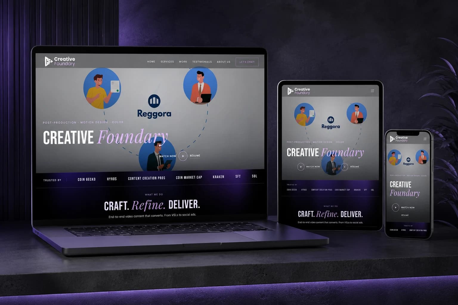 The Creative Foundary site on a laptop, tablet and phone, the homepage holding its layout and its dark treatment across all three.