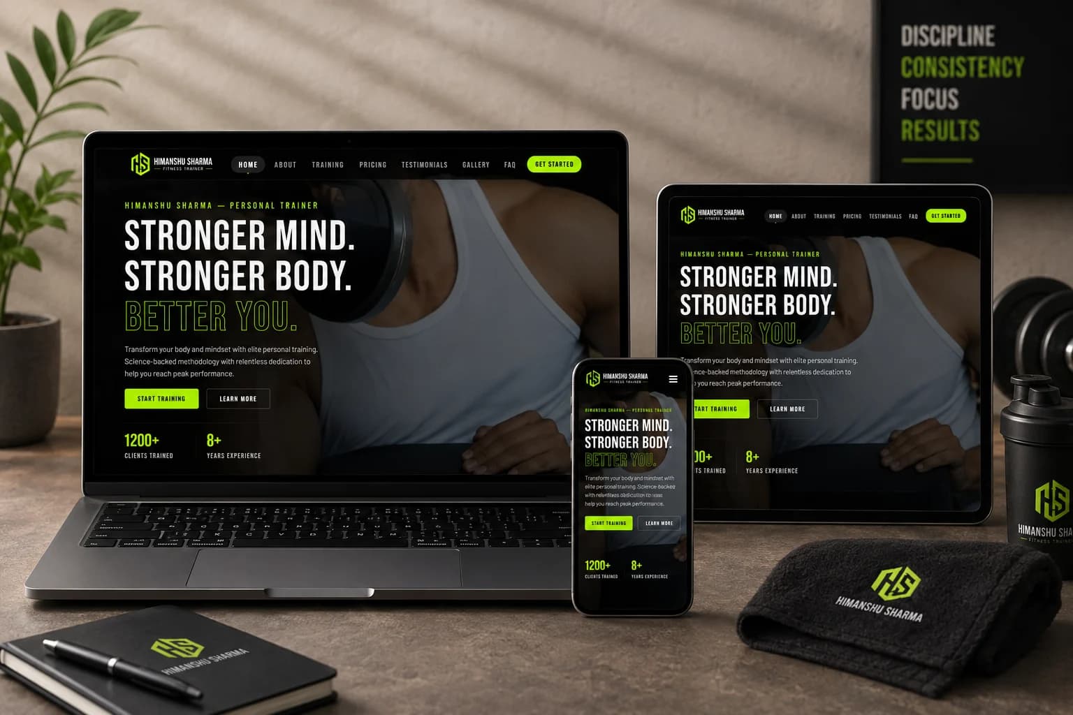 The live homepage hero: the headline Stronger Mind, Stronger Body, Better You over a training photograph, with Start Training and Learn More buttons and the counters 1200+ clients trained and 8+ years experience.