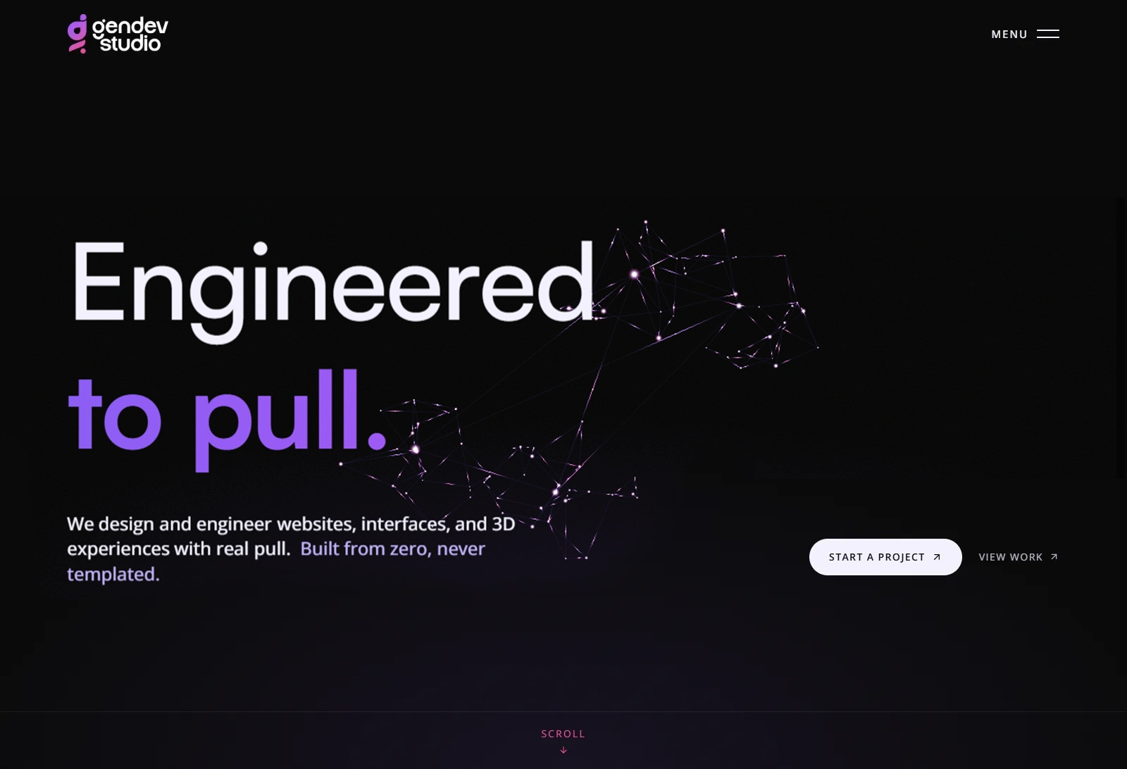 The GenDev homepage: the headline Engineered to pull over a near-black background, with Start a Project and View Work.