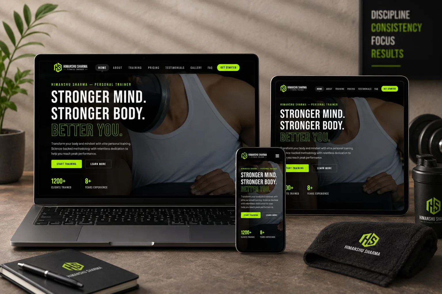 The live homepage hero: the headline Stronger Mind, Stronger Body, Better You over a training photograph, with Start Training and Learn More buttons and the counters 1200+ clients trained and 8+ years experience.